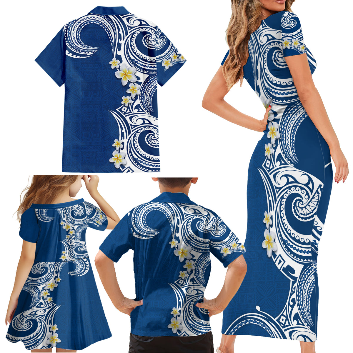 Aloha Polynesian Plumeria Flower Family Matching Short Sleeve Bodycon Dress and Hawaiian Shirt Blue Color LT03 - Polynesian Pride
