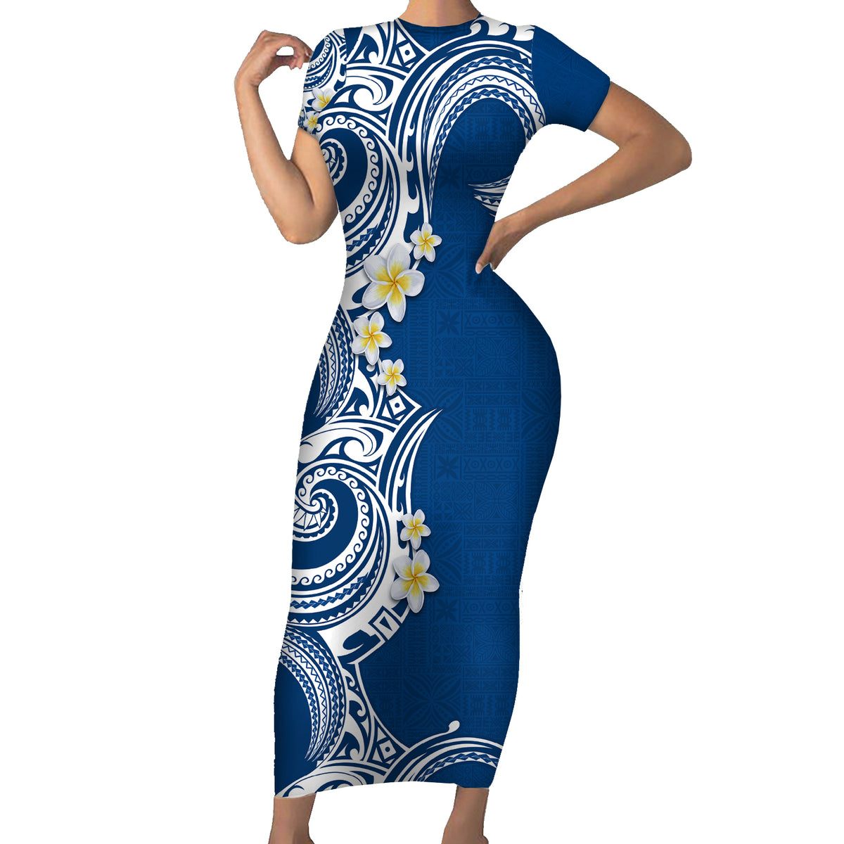 Aloha Polynesian Plumeria Flower Family Matching Short Sleeve Bodycon Dress and Hawaiian Shirt Blue Color LT03 Mom's Dress Blue - Polynesian Pride