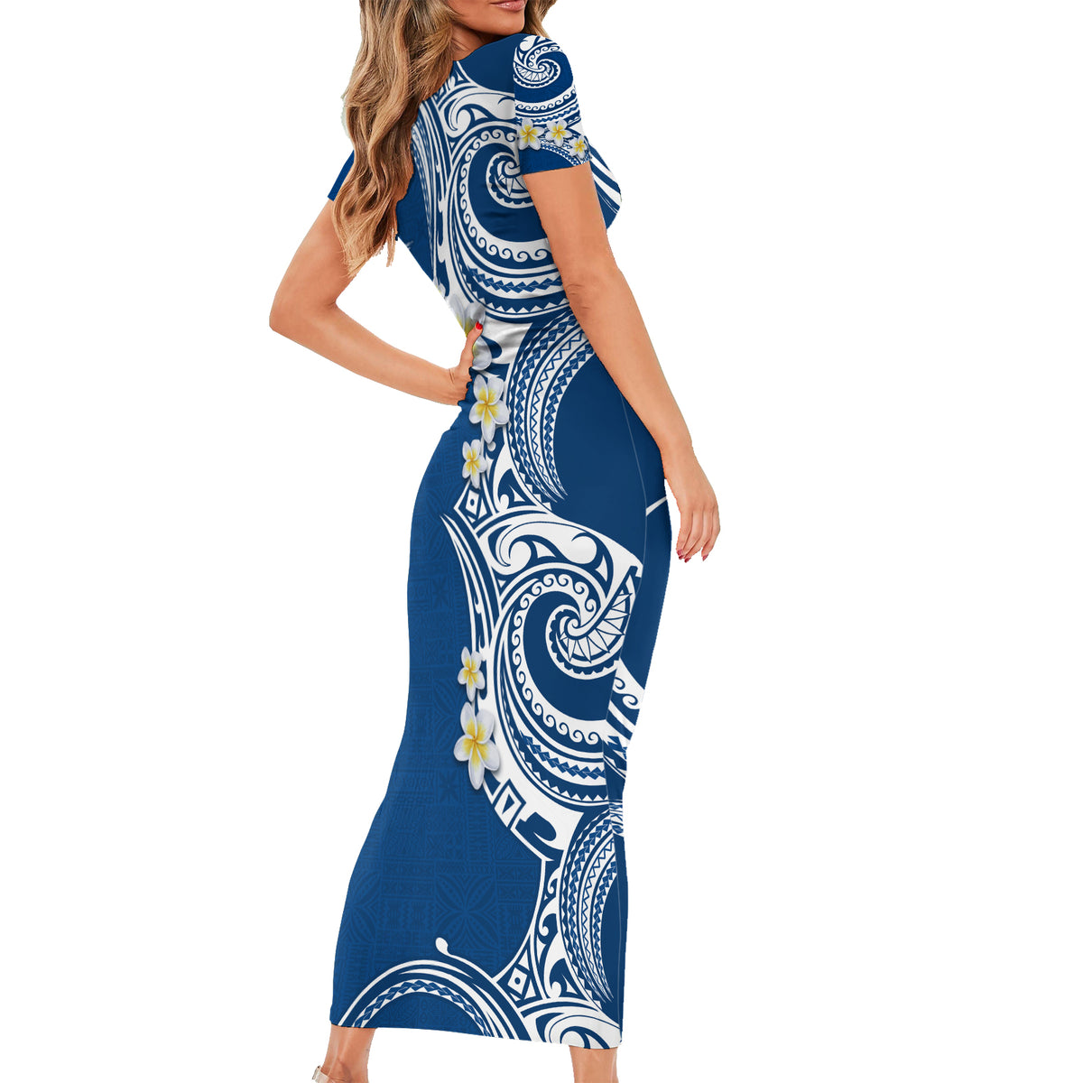 Aloha Polynesian Plumeria Flower Family Matching Short Sleeve Bodycon Dress and Hawaiian Shirt Blue Color LT03 - Polynesian Pride