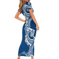 Aloha Polynesian Plumeria Flower Family Matching Short Sleeve Bodycon Dress and Hawaiian Shirt Blue Color LT03 - Polynesian Pride