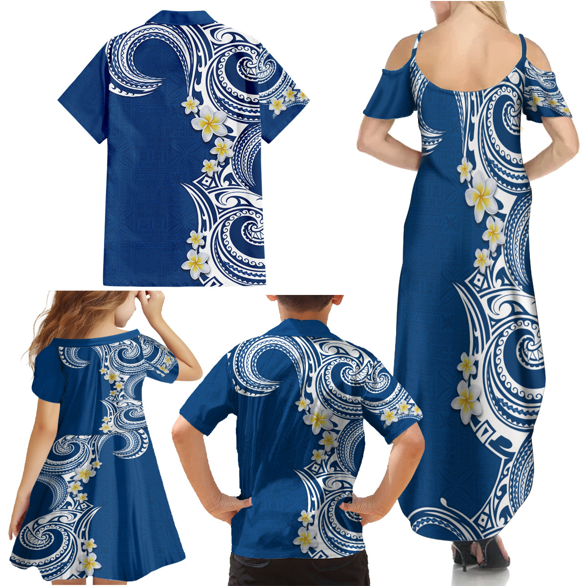 Aloha Polynesian Plumeria Flower Family Matching Summer Maxi Dress and Hawaiian Shirt Blue Color LT03 - Polynesian Pride