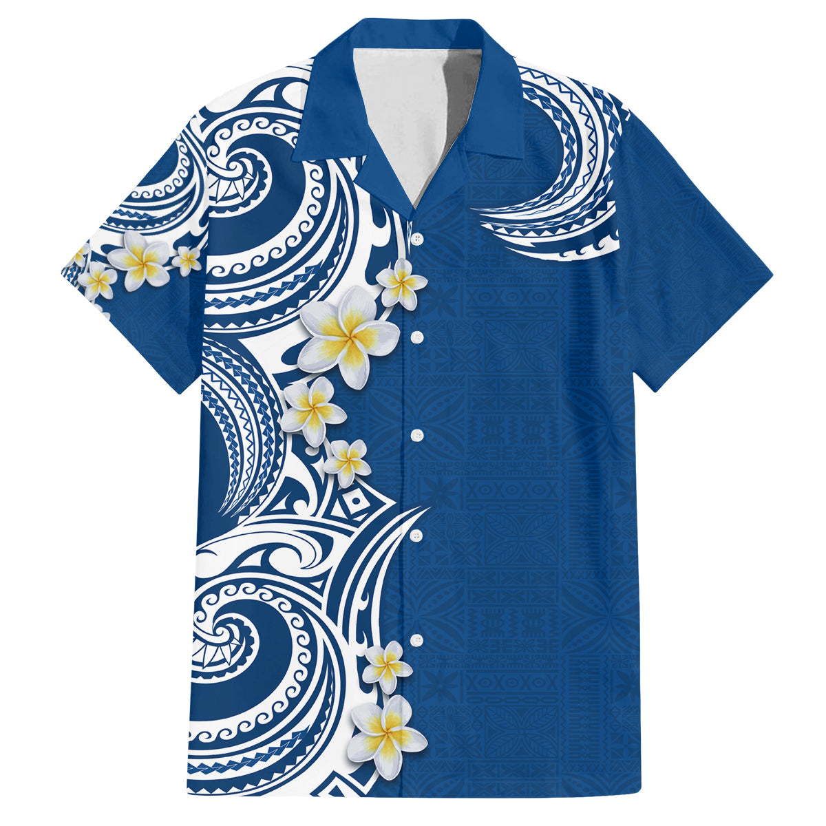 Aloha Polynesian Plumeria Flower Family Matching Summer Maxi Dress and Hawaiian Shirt Blue Color LT03 Dad's Shirt - Short Sleeve Blue - Polynesian Pride