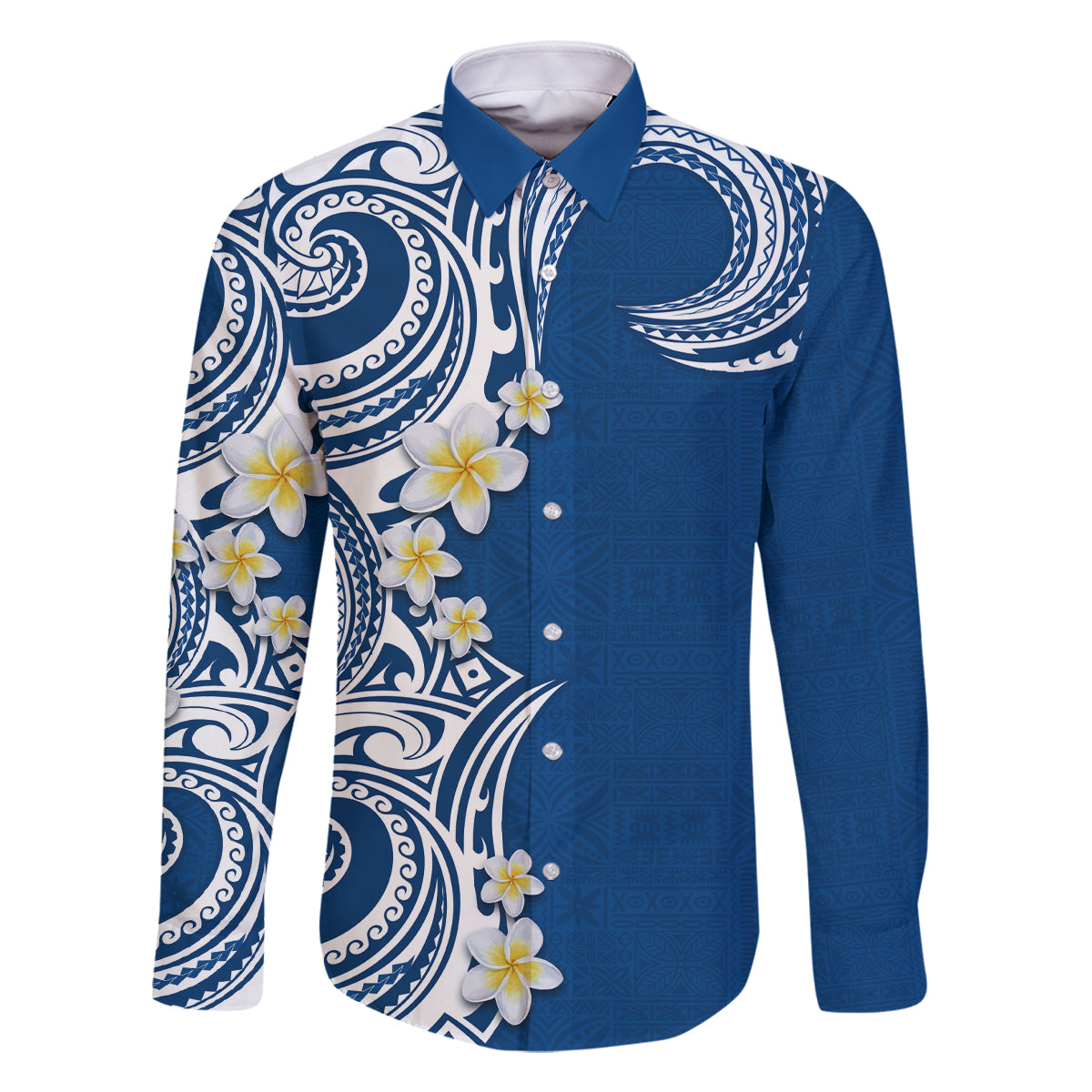 Aloha Polynesian Plumeria Flower Family Matching Summer Maxi Dress and Hawaiian Shirt Blue Color LT03 Dad's Shirt - Long Sleeve Blue - Polynesian Pride