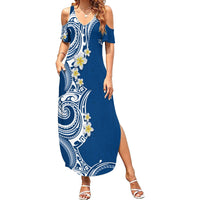 Aloha Polynesian Plumeria Flower Family Matching Summer Maxi Dress and Hawaiian Shirt Blue Color LT03 Mom's Dress Blue - Polynesian Pride