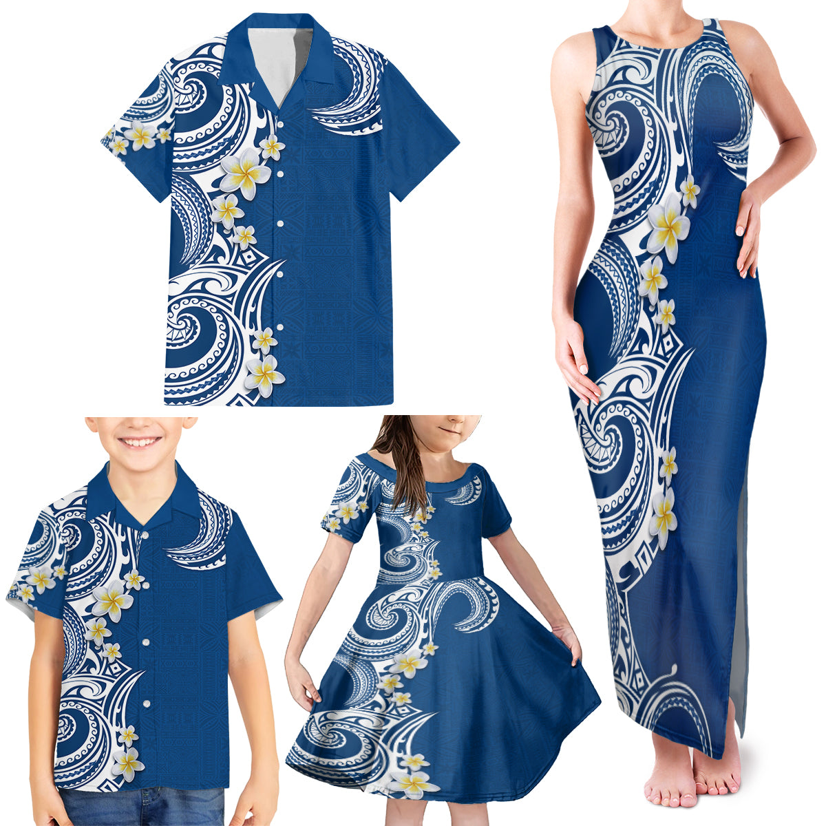 Aloha Polynesian Plumeria Flower Family Matching Tank Maxi Dress and Hawaiian Shirt Blue Color LT03 - Polynesian Pride