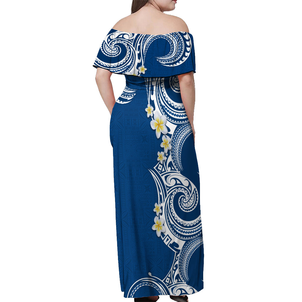 Aloha Polynesian Plumeria Flower Off Shoulder Maxi Dress Blue Color