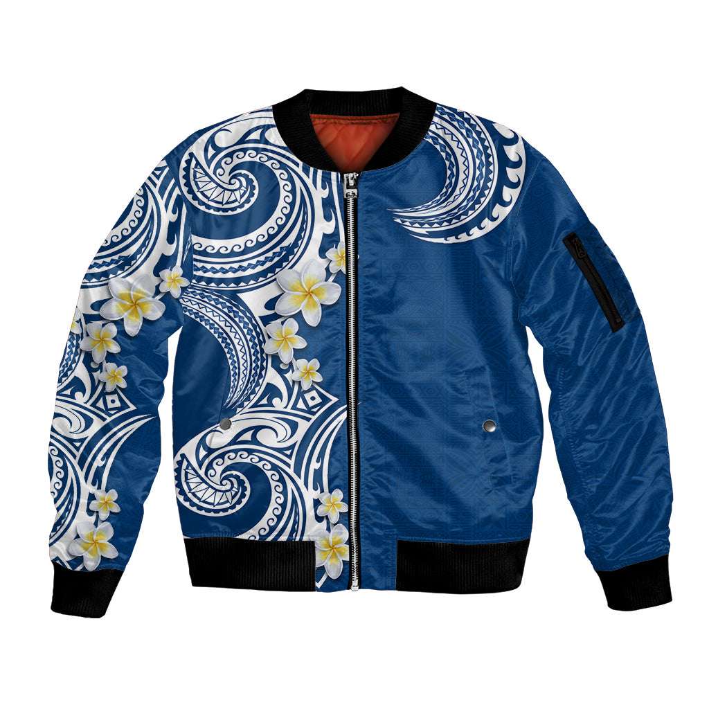 Aloha Polynesian Plumeria Flower Sleeve Zip Bomber Jacket Blue Color LT03 Unisex Blue - Polynesian Pride