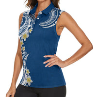 Aloha Polynesian Plumeria Flower Women Sleeveless Polo Shirt Blue Color