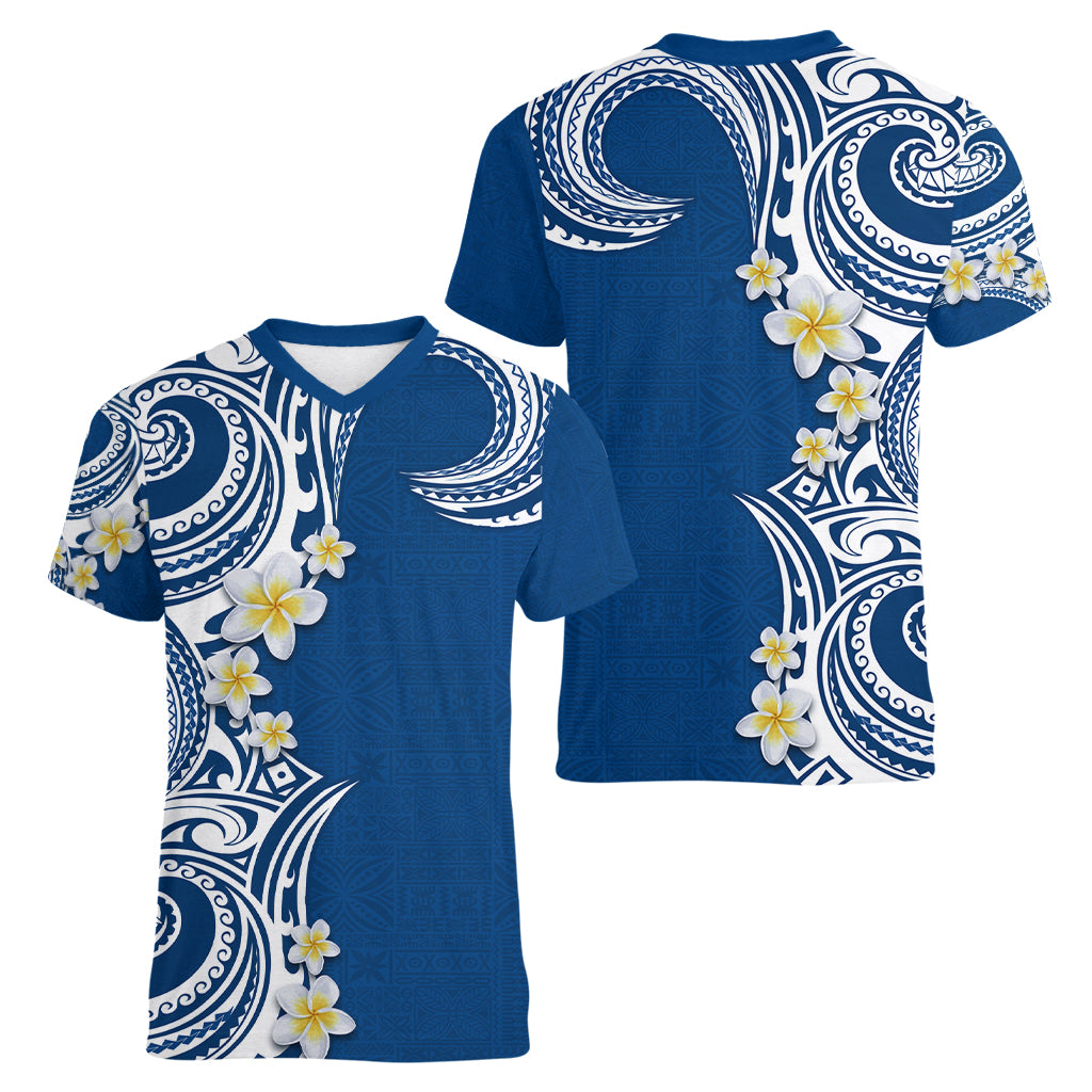 Aloha Polynesian Plumeria Flower Women V-Neck T-Shirt Blue Color