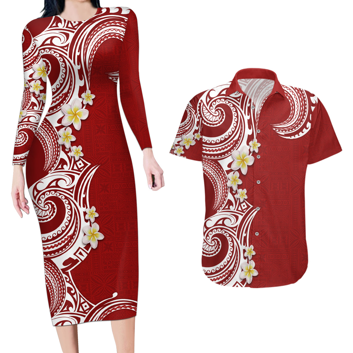 Aloha Polynesian Plumeria Flower Couples Matching Long Sleeve Bodycon Dress and Hawaiian Shirt Red Color LT03 Red - Polynesian Pride