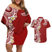 Aloha Polynesian Plumeria Flower Couples Matching Off Shoulder Short Dress and Hawaiian Shirt Red Color LT03 Red - Polynesian Pride
