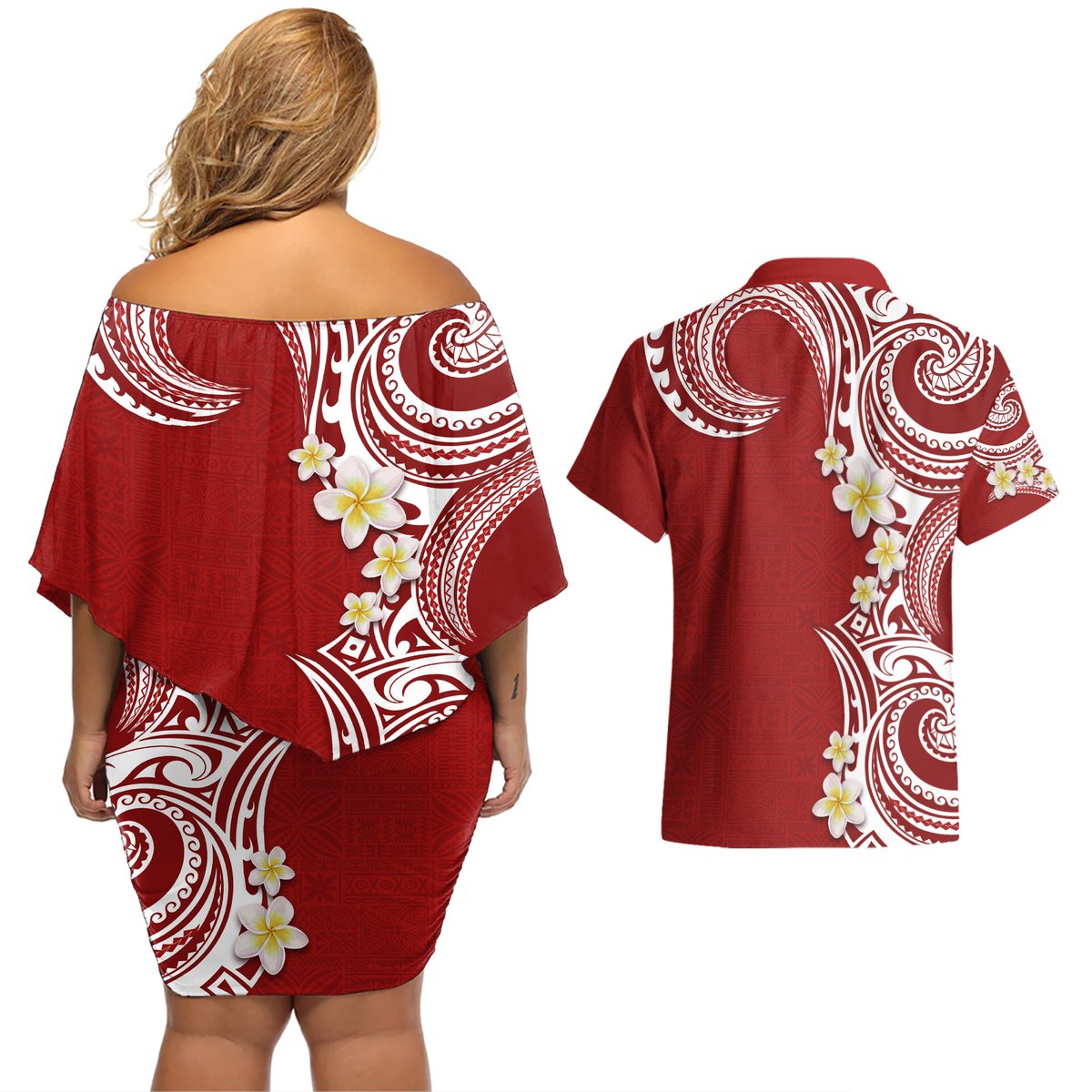 Aloha Polynesian Plumeria Flower Couples Matching Off Shoulder Short Dress and Hawaiian Shirt Red Color LT03 - Polynesian Pride