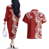 Aloha Polynesian Plumeria Flower Couples Matching Off The Shoulder Long Sleeve Dress and Hawaiian Shirt Red Color LT03 - Polynesian Pride
