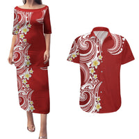 Aloha Polynesian Plumeria Flower Couples Matching Puletasi and Hawaiian Shirt Red Color