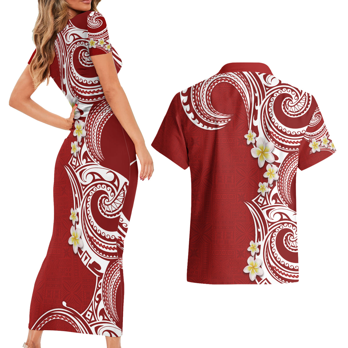 Aloha Polynesian Plumeria Flower Couples Matching Short Sleeve Bodycon Dress and Hawaiian Shirt Red Color LT03 - Polynesian Pride