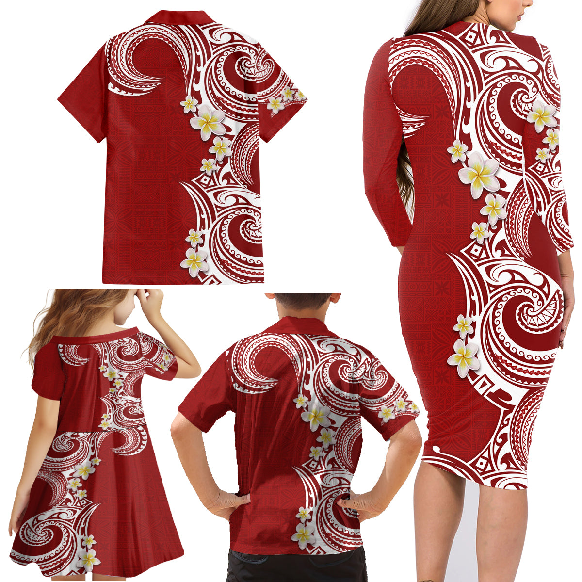 Aloha Polynesian Plumeria Flower Family Matching Long Sleeve Bodycon Dress and Hawaiian Shirt Red Color LT03 - Polynesian Pride