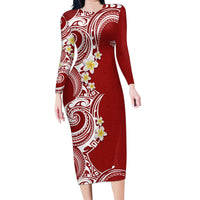 Aloha Polynesian Plumeria Flower Family Matching Long Sleeve Bodycon Dress and Hawaiian Shirt Red Color LT03 Mom's Dress Red - Polynesian Pride