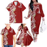 Aloha Polynesian Plumeria Flower Family Matching Off The Shoulder Long Sleeve Dress and Hawaiian Shirt Red Color LT03 - Polynesian Pride
