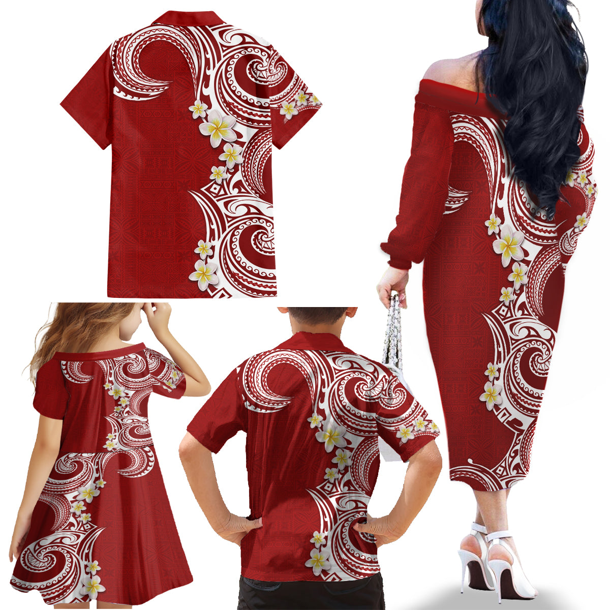 Aloha Polynesian Plumeria Flower Family Matching Off The Shoulder Long Sleeve Dress and Hawaiian Shirt Red Color LT03 - Polynesian Pride