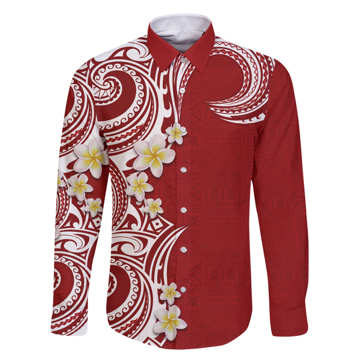 Aloha Polynesian Plumeria Flower Family Matching Off The Shoulder Long Sleeve Dress and Hawaiian Shirt Red Color LT03 Dad's Shirt - Long Sleeve Red - Polynesian Pride