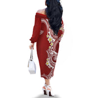 Aloha Polynesian Plumeria Flower Family Matching Off The Shoulder Long Sleeve Dress and Hawaiian Shirt Red Color LT03 - Polynesian Pride