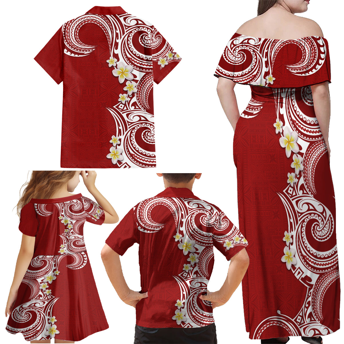 Aloha Polynesian Plumeria Flower Family Matching Off Shoulder Maxi Dress and Hawaiian Shirt Red Color LT03 - Polynesian Pride