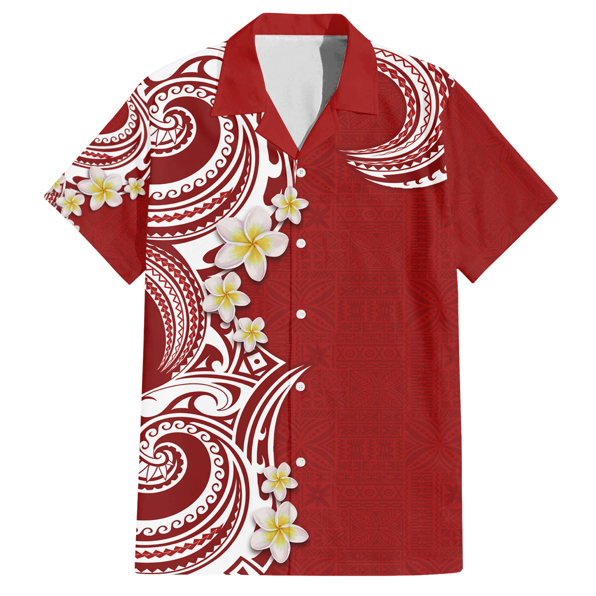 Aloha Polynesian Plumeria Flower Family Matching Off Shoulder Maxi Dress and Hawaiian Shirt Red Color LT03 Dad's Shirt - Short Sleeve Red - Polynesian Pride