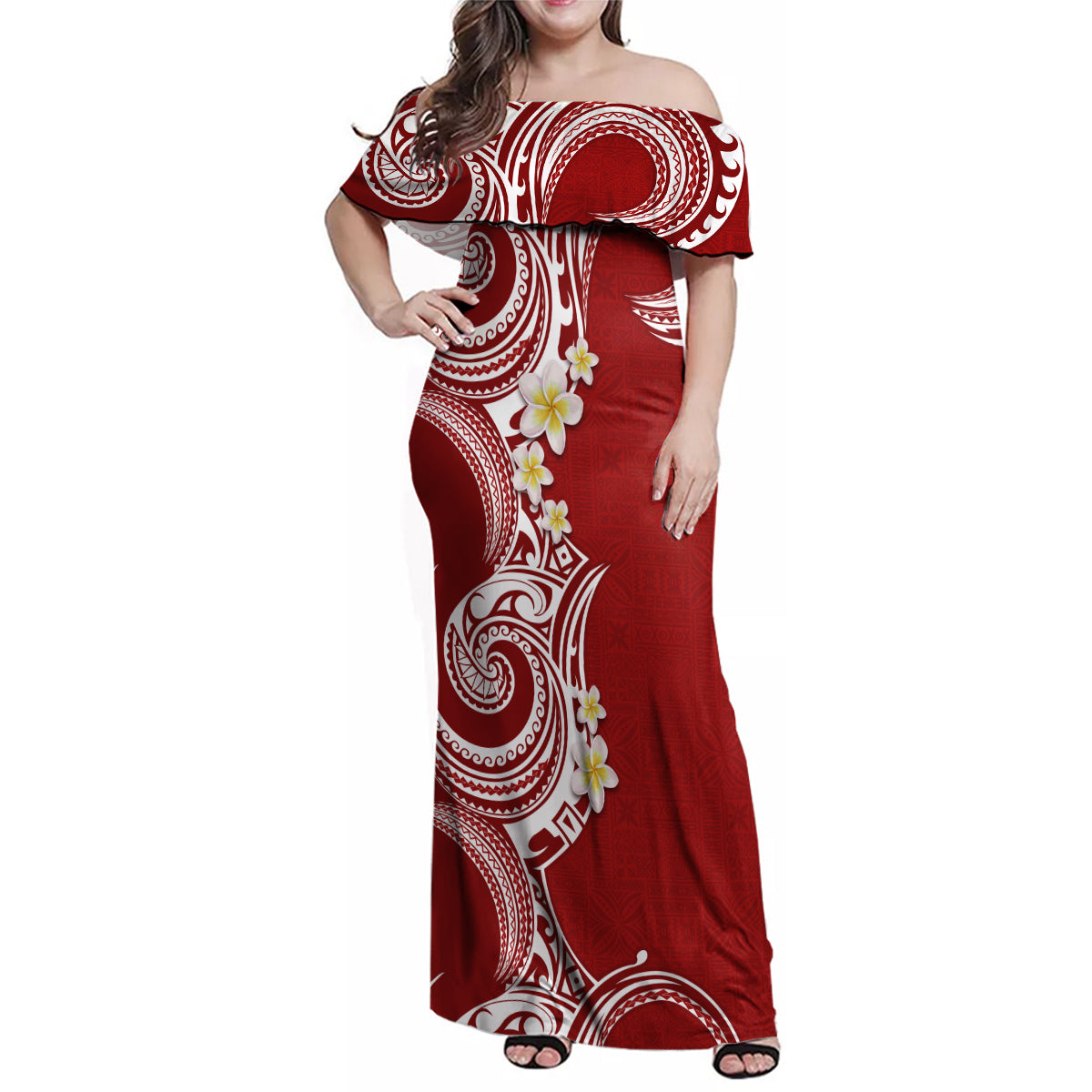 Aloha Polynesian Plumeria Flower Family Matching Off Shoulder Maxi Dress and Hawaiian Shirt Red Color LT03 Mom's Dress Red - Polynesian Pride