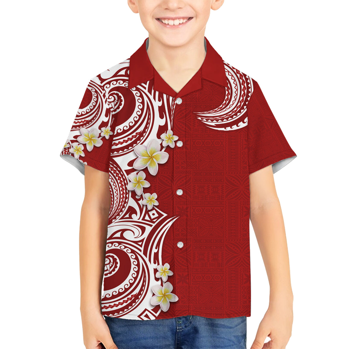 Aloha Polynesian Plumeria Flower Family Matching Off Shoulder Maxi Dress and Hawaiian Shirt Red Color LT03 Son's Shirt Red - Polynesian Pride
