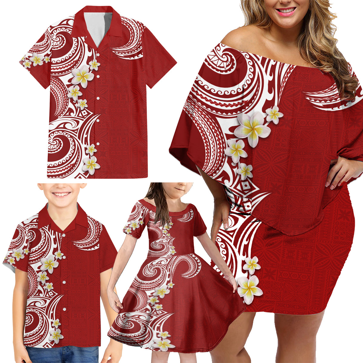 Aloha Polynesian Plumeria Flower Family Matching Off Shoulder Short Dress and Hawaiian Shirt Red Color LT03 - Polynesian Pride