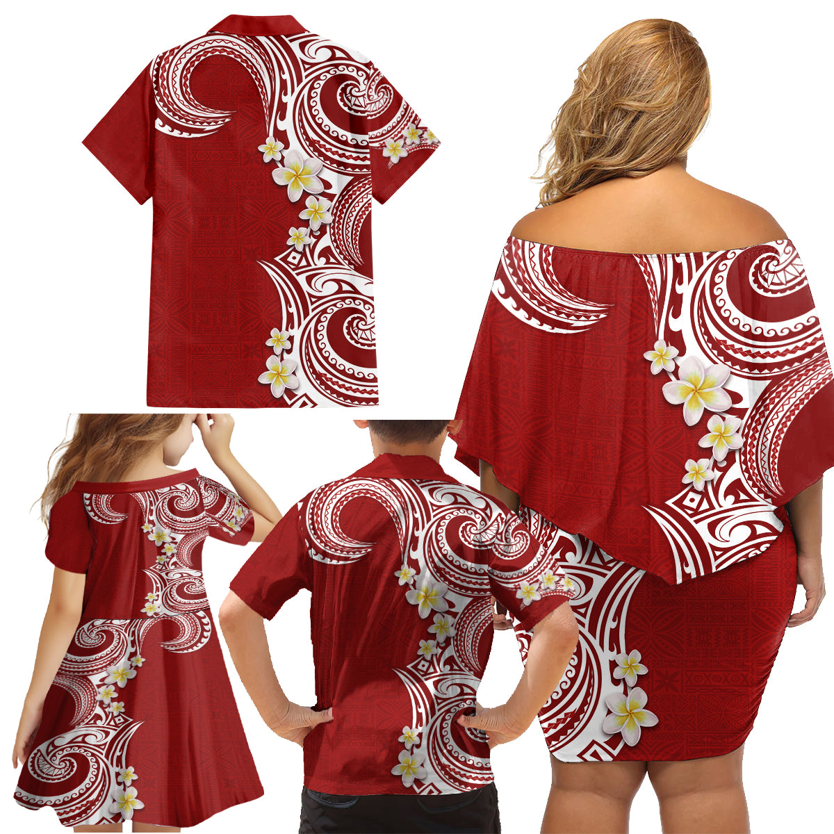 Aloha Polynesian Plumeria Flower Family Matching Off Shoulder Short Dress and Hawaiian Shirt Red Color LT03 - Polynesian Pride