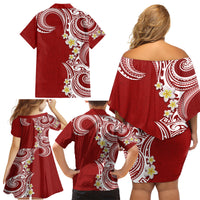 Aloha Polynesian Plumeria Flower Family Matching Off Shoulder Short Dress and Hawaiian Shirt Red Color LT03 - Polynesian Pride