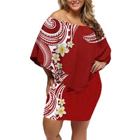Aloha Polynesian Plumeria Flower Family Matching Off Shoulder Short Dress and Hawaiian Shirt Red Color LT03 Mom's Dress Red - Polynesian Pride