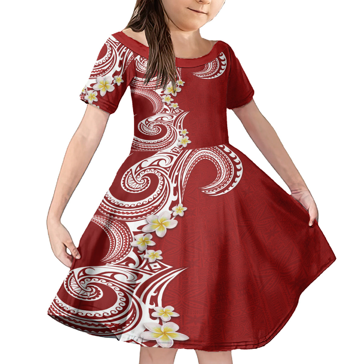 Aloha Polynesian Plumeria Flower Family Matching Puletasi and Hawaiian Shirt Red Color LT03 Daughter's Dress Red - Polynesian Pride
