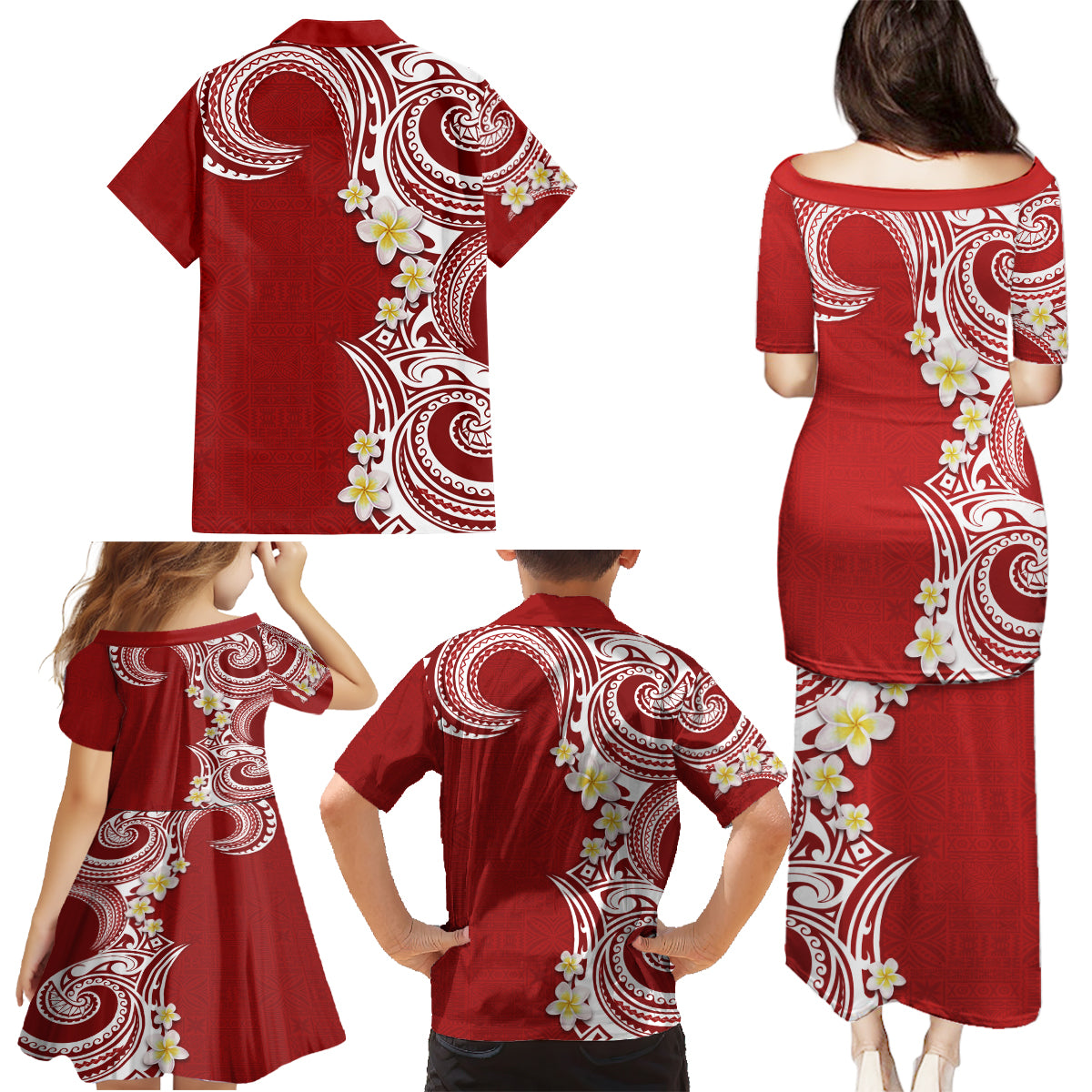 Aloha Polynesian Plumeria Flower Family Matching Puletasi and Hawaiian Shirt Red Color LT03 - Polynesian Pride