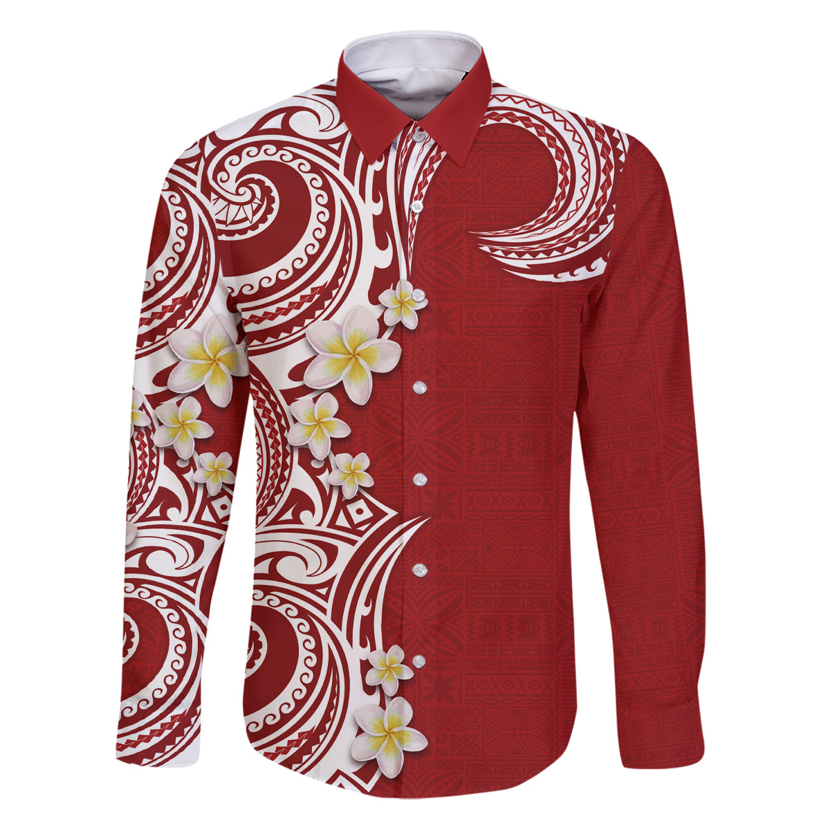 Aloha Polynesian Plumeria Flower Family Matching Puletasi and Hawaiian Shirt Red Color LT03 Dad's Shirt - Long Sleeve Red - Polynesian Pride