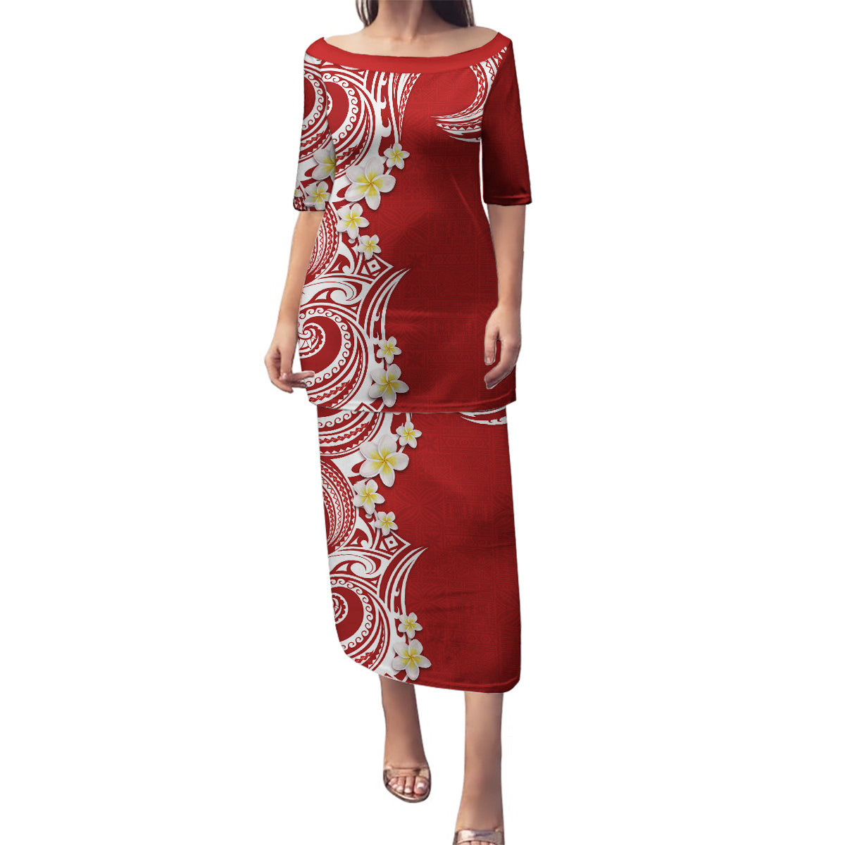 Aloha Polynesian Plumeria Flower Family Matching Puletasi and Hawaiian Shirt Red Color LT03 Mom's Dress Red - Polynesian Pride