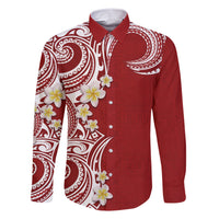 Aloha Polynesian Plumeria Flower Family Matching Short Sleeve Bodycon Dress and Hawaiian Shirt Red Color LT03 Dad's Shirt - Long Sleeve Red - Polynesian Pride