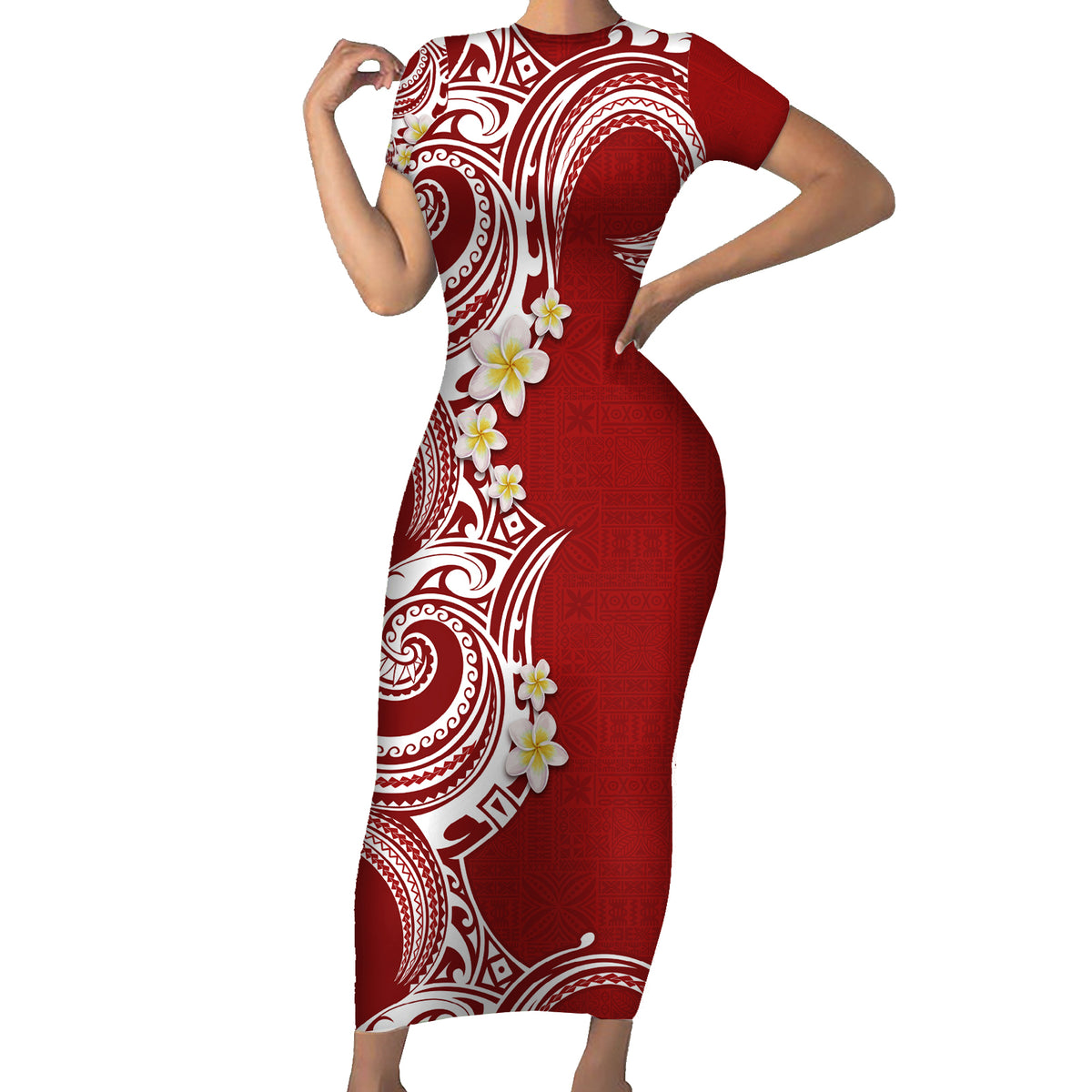 Aloha Polynesian Plumeria Flower Family Matching Short Sleeve Bodycon Dress and Hawaiian Shirt Red Color LT03 Mom's Dress Red - Polynesian Pride