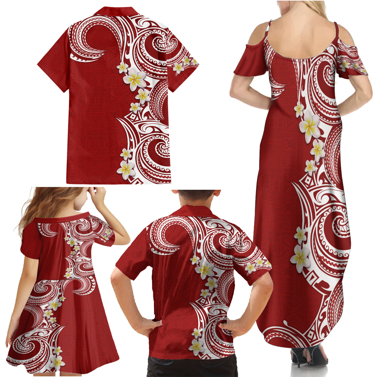 Aloha Polynesian Plumeria Flower Family Matching Summer Maxi Dress and Hawaiian Shirt Red Color LT03 - Polynesian Pride