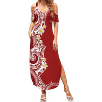 Aloha Polynesian Plumeria Flower Family Matching Summer Maxi Dress and Hawaiian Shirt Red Color LT03 Mom's Dress Red - Polynesian Pride