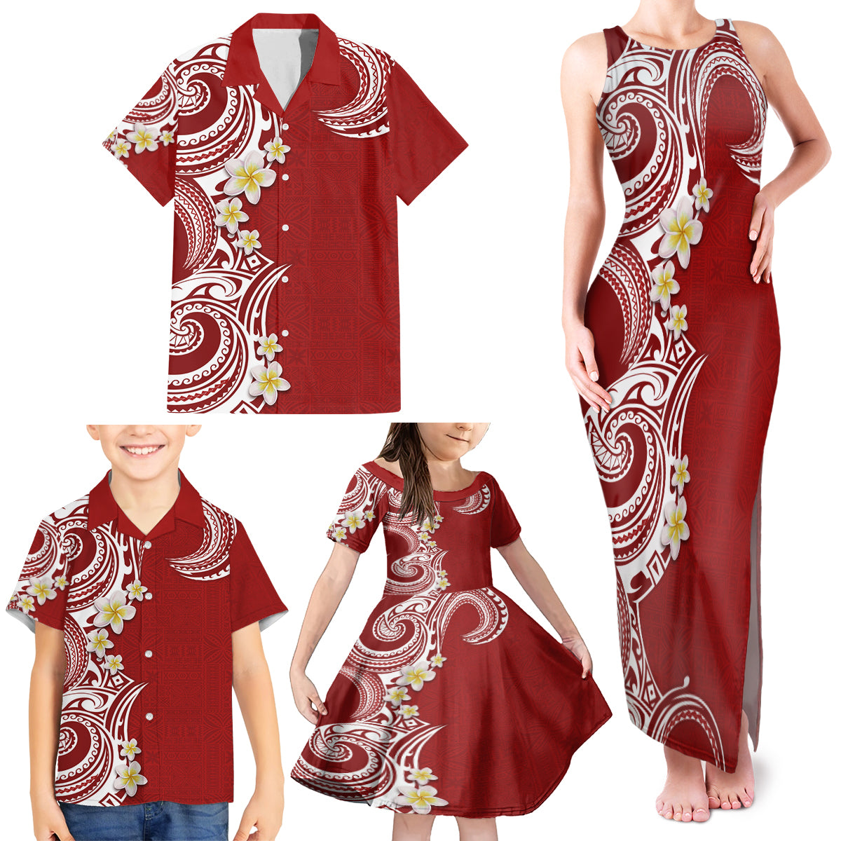 Aloha Polynesian Plumeria Flower Family Matching Tank Maxi Dress and Hawaiian Shirt Red Color LT03 - Polynesian Pride