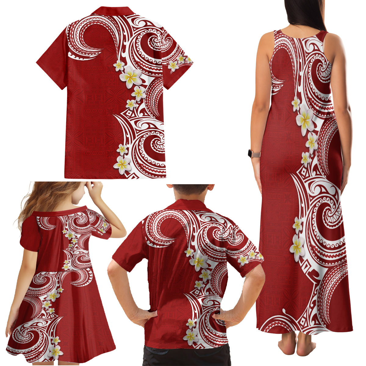 Aloha Polynesian Plumeria Flower Family Matching Tank Maxi Dress and Hawaiian Shirt Red Color LT03 - Polynesian Pride