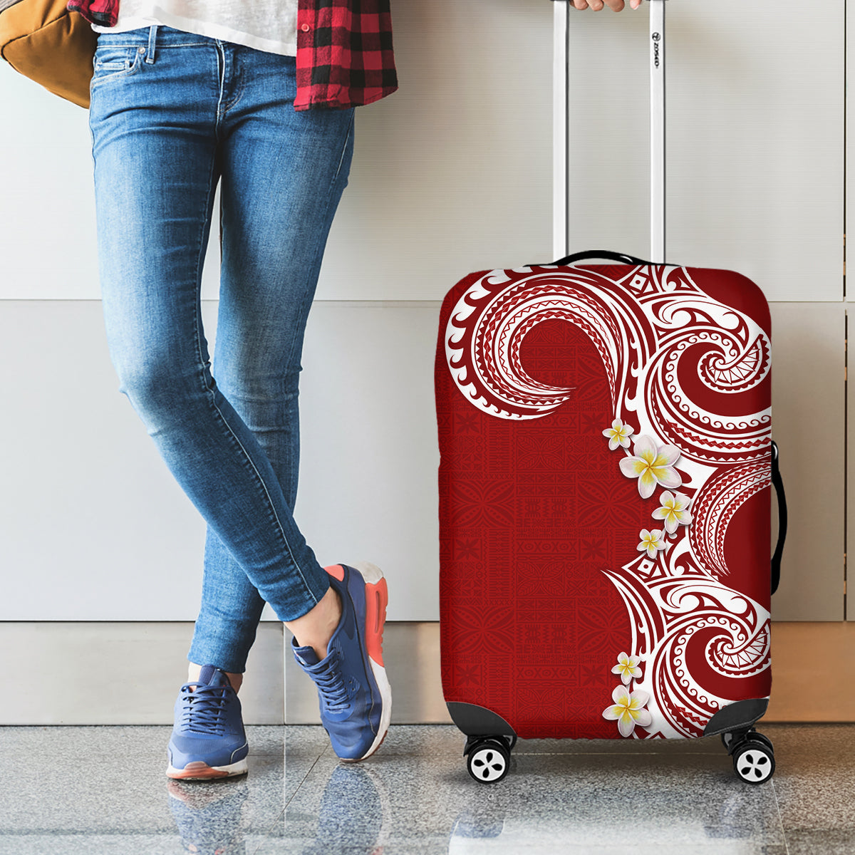 Aloha Polynesian Plumeria Flower Luggage Cover Red Color