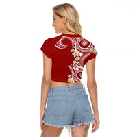 Aloha Polynesian Plumeria Flower Raglan Cropped T Shirt Red Color
