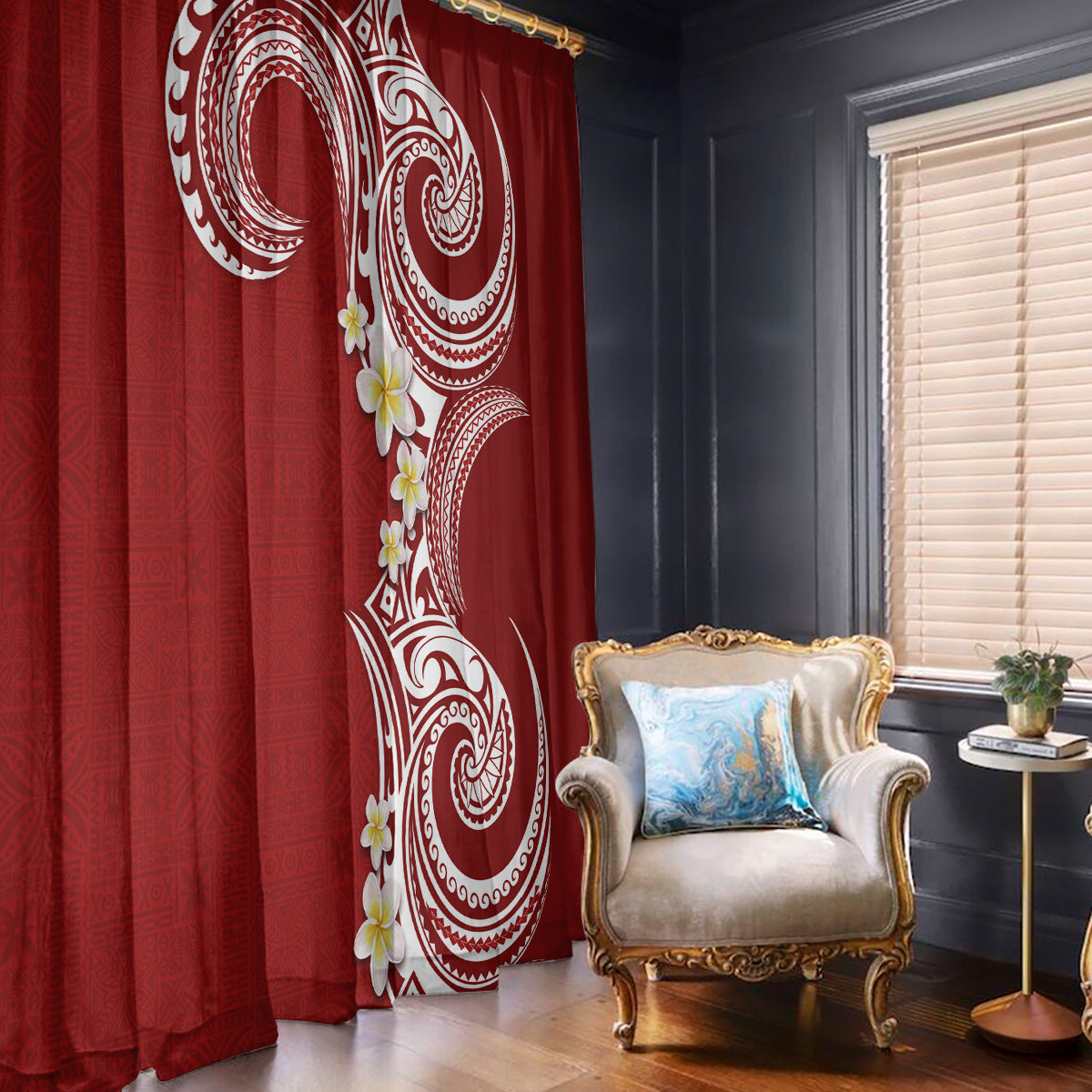 Aloha Polynesian Plumeria Flower Window Curtain Red Color