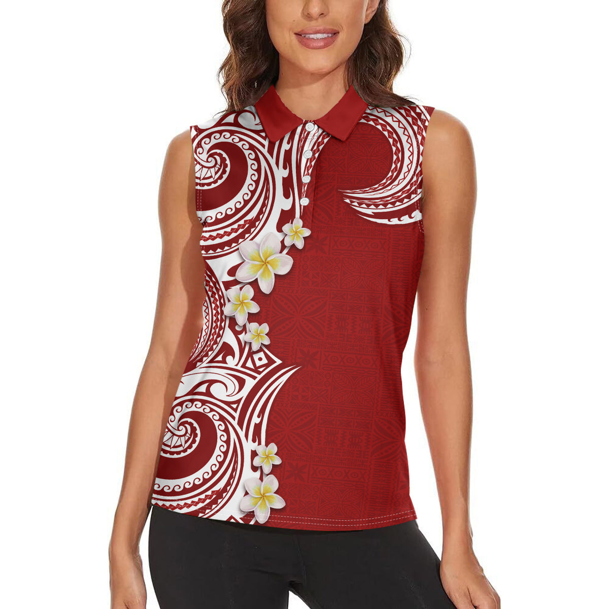 Aloha Polynesian Plumeria Flower Women Sleeveless Polo Shirt Red Color