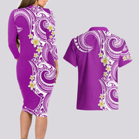 Aloha Polynesian Plumeria Flower Couples Matching Long Sleeve Bodycon Dress and Hawaiian Shirt Purple Color LT03 - Polynesian Pride