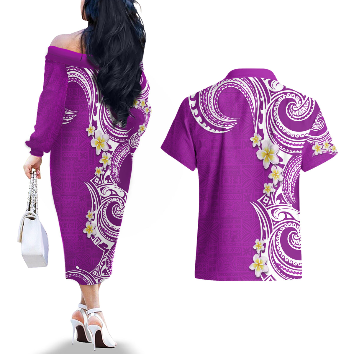 Aloha Polynesian Plumeria Flower Couples Matching Off The Shoulder Long Sleeve Dress and Hawaiian Shirt Purple Color LT03 - Polynesian Pride