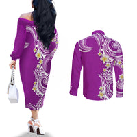Aloha Polynesian Plumeria Flower Couples Matching Off The Shoulder Long Sleeve Dress and Long Sleeve Button Shirt Purple Color LT03 - Polynesian Pride